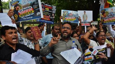 The Bhartiya Vidharthi Morcha staged a protest near the IIT Bombay gate on Tuesday, demanding a high-level inquiry into the alleged suicide (Praful Gangurde/HT Photo) The Bhartiya Vidharthi Morcha staged a protest near the IIT Bombay gate on Tuesday, demanding a high-level inquiry into the alleged suicide (Praful Gangurde/HT Photo)
