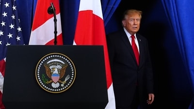 President Donald Trump arrives to sign a security agreement with Denmark's Prime Minister Mette Frederiksen and Greenland's Prime Minister Jens-Frederik Nielsen during the United Nations General Assembly, Tuesday, (AP Photo)