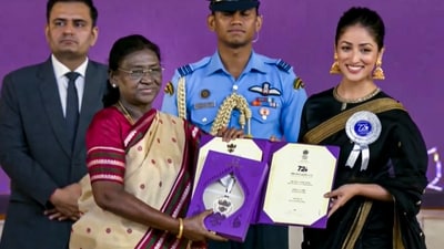 Yami Gautam won Best Actor (Female) National Award for her performance as an intelligence officer in the film Article 370. (PTI) (@PresidentOfIndia)