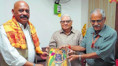 Air Marshal Jitendra Mishra(Retd.) gets felicitated for officially taking charge as the first CEO of Shri Ram Janmabhoomi Teerth Kshetra Trust, in Ayodhya on Monday. (ShriRamTeerth/ X) Air Marshal Jitendra Mishra(Retd.) gets felicitated for officially taking charge as the first CEO of Shri Ram Janmabhoomi Teerth Kshetra Trust, in Ayodhya on Monday. (ShriRamTeerth/ X)