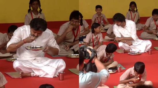 Tamil Nadu CM Vijay eats breakfast with students.