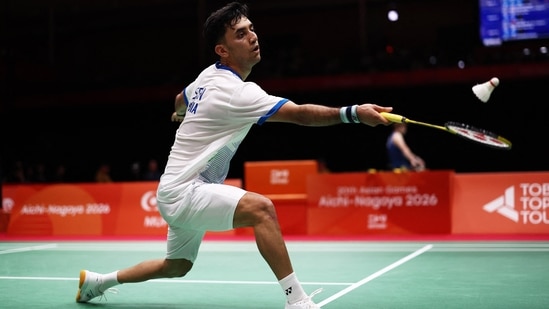 India's Lakshya Sen in action during his men's team quarter-final against Japan's Kodai Naraoka.