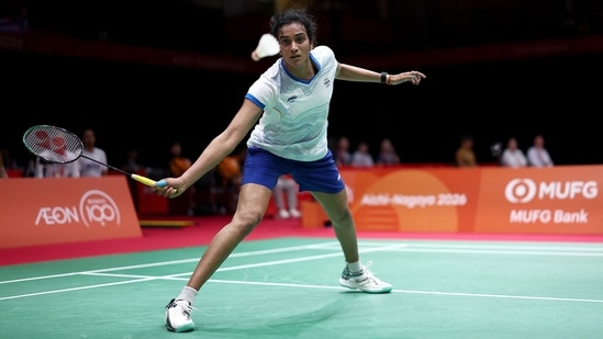 India's PV Sindhu during her women's team quarter-final against Japan's Akane Yamaguchi.