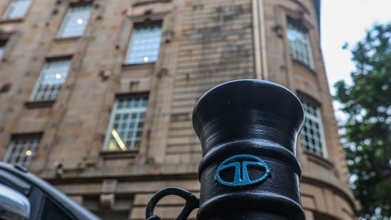 The Tata Group logo is displayed on a pedestrian safety pole near Bombay House, the Tata Group headquarters building, in Mumbai, India,