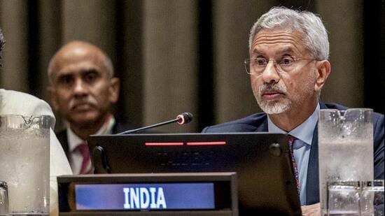 Jaishankar joined European Council President Antonio Costa, Australian Prime Minister Anthony Albanese, Brazil’s foreign minister Mario Vieira, Barbados Prime Minister Mia Mottley, Canadian Prime Minister Mark Carney and Kenyan President William Ruto for the inaugural Partners for multilateralism, international law, peace and prosperity (P4M) Summit in New York on September 21. (@DrSJaishankar/PTI)