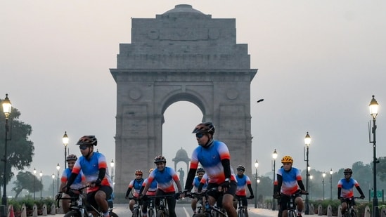 Gram it: Participants ride through the iconic India Gate during the final leg of the Indian Air Force (IAF)' Bicycle Expedition' from Kanyakumari to Kargil.