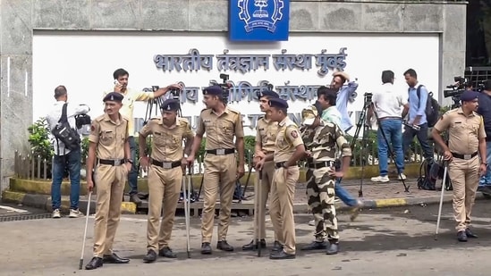 Mumbai: Police personnel stand guard outside IIT Bombay after the recent death by suicide of a second year B Tech student Sahil Wakode, in Mumbai, Tuesday, Sept. 22, 2026.
