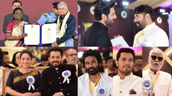 President Droupadi Murmu, Anant Nag, Kartik Aaryan, Mammootty, Sanjay Mishra, Randeep Hooda, Dhanush, Aditya Dhar and Yami Gautam Dhar at National Film Award ceremony in Gujarat