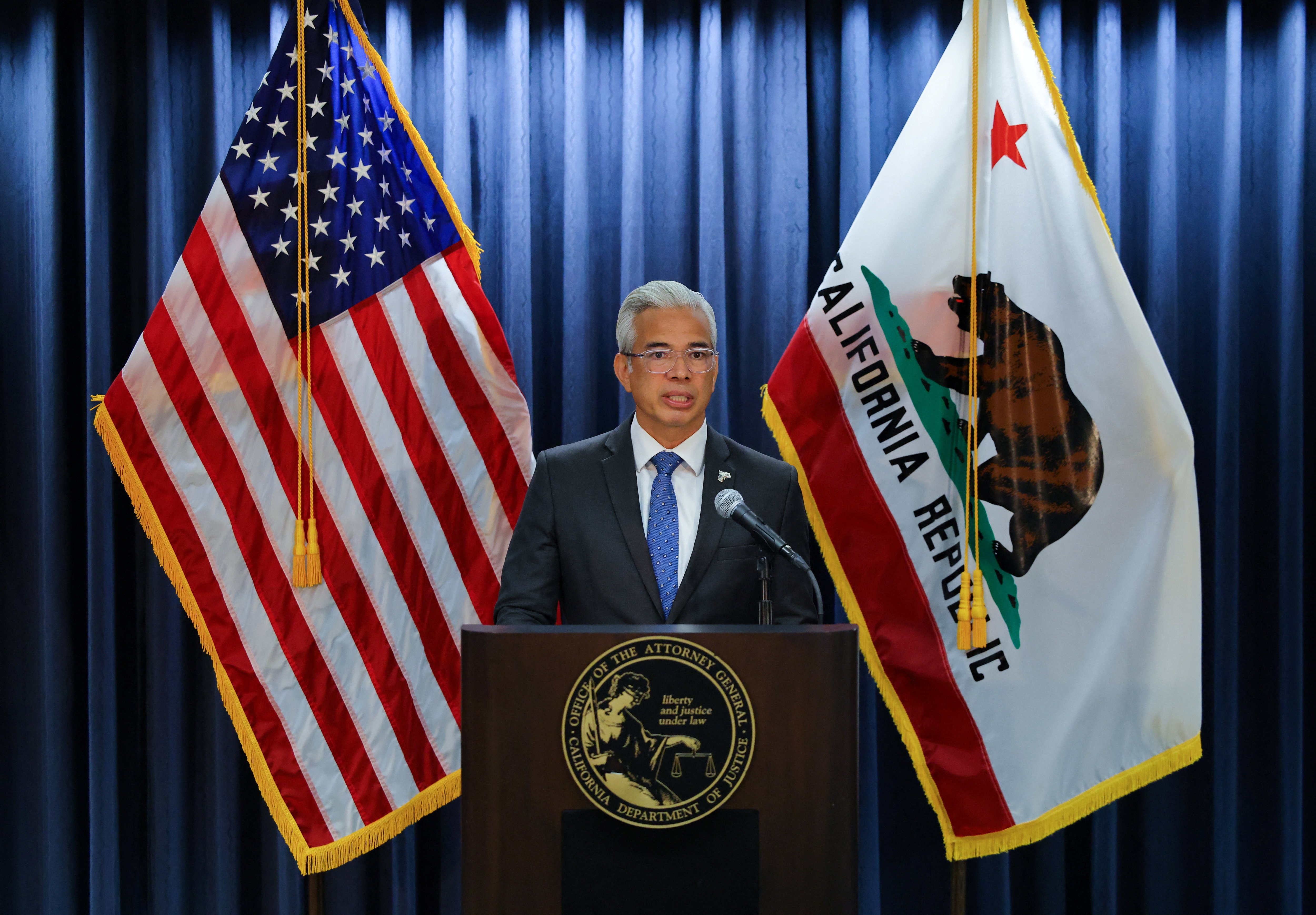 Rob Bonta, Attorney General of California, speaks at a press conference after Paramount Skydance (PSKY.O) settled with California and 11 other states that sued to block its $110 billion acquisition of Warner Bros Discovery (WBD.O) in Los Angeles, California, US, September 21, 2026. REUTERS/Daniel Cole (REUTERS)