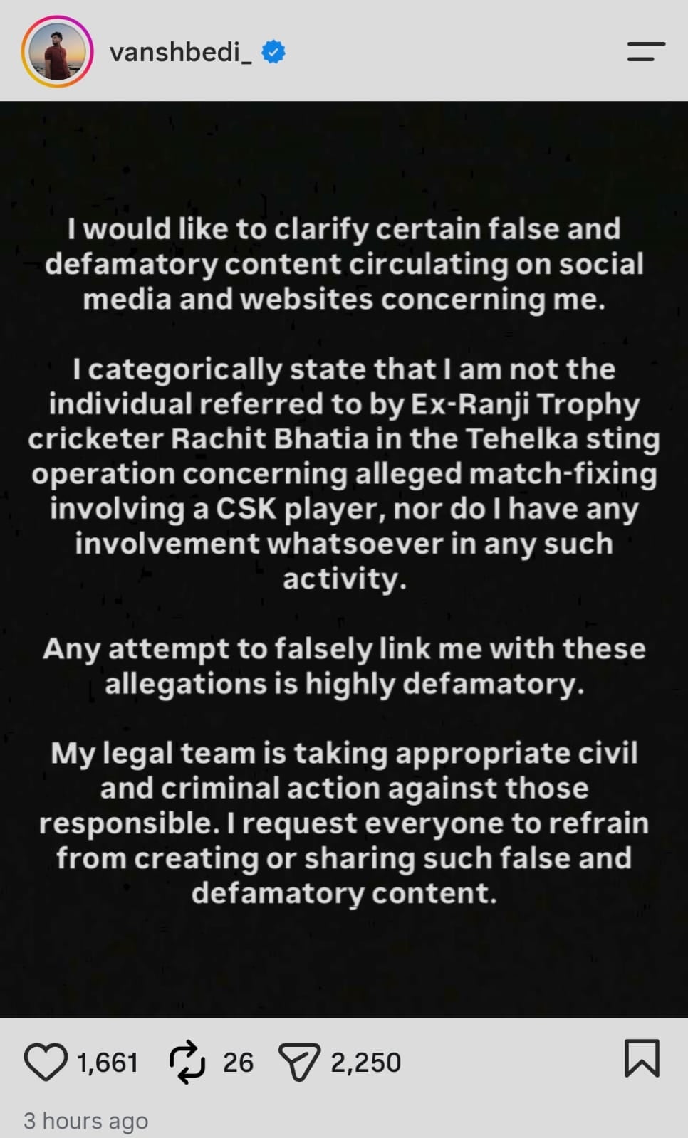 Vansh Bedi's post on the development. (Vansh Bedi Instagram)