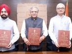 Chief Election Commissioner Gyanesh Kumar with Election Commissioners SS Sandhu and Vivek Joshi.
