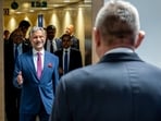 External Affairs Minister S. Jaishankar and EU International Partnerships Commissioner Jozef Síkela exchange greetings ahead of their meeting on trilateral partnerships, IMEC and green shipping between India and Belgium, in Brussels. (@DrSJaishankar X/ANI Photo)