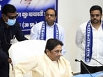 BSP president Mayavati during the meeting with senior office-bearers and state presidents of the party at the Lucknow office. (HT Photo)