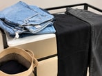 Sorting my denim wardrobe during my three-week laundry audit. Sorting my denim wardrobe during my three-week laundry audit.