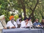 Former Enforcement Directorate (ED) deputy director Niranjan Singh (second from right) after joining the Akali Dal Waris Punjab De in Chandigarh on Wednesday.