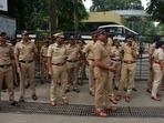 Heavy police deployment at the IIT Bombay gate on Tuesday.