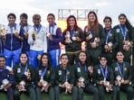 India's players and Pakistan's players pose for photographs at the medal ceremony at the ongoing Asian Games 2026, in Nagoya. (PTI)