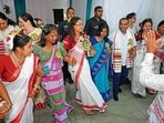 Jharkhand agriculture minister Shilpi Neha Tirkey takes part in Karam celebrations on Tuesday (HT PHOTO)