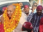 Nishad party chief Sanjay Nishad at Shringverpur in Prayagraj on Wednesday (HT Photo)