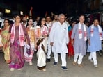 Former Chhattisgarh chief minister and Congress leader Bhupesh Baghel, APCC president Gaurav Gogoi, party MP Rakibul Hussain and party candidate Sibamoni Bora.