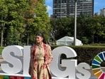 Sanjana Sanghi poses at the United Nations in New York alongside the Sustainable Development Goals display
