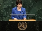 Japanese Prime Minister Sanae Takaichi addressing the U.N. General Assembly on Tuesday.