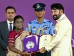 President Droupadi Murmu confers award for Best Actor in a Leading Role on Mammootty for his performance in the Malayalam film 'Bramayugam' during the 72nd National Film Awards, at Kevadia, in Narmada district, Gujarat. (@PresidentOfIndia/YT via PTI Photo)(PTI09_22_2026_000317B)