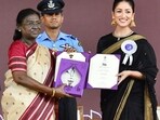 President Droupadi Murmu presents Best Actress in a Leading Role award for Article 370 to Actress Yami Gautam at the 72nd National Film Awards ceremony, in Kevadia on Tuesday. 