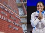 ECI building (left) and Mirabai Chanu (right)