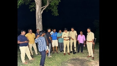 Belrayan range forest officials inspecting the spot after wild elephants’ attack on Tuesday night. (HT Photo)