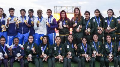 India's players and Pakistan's players pose for photographs at the medal ceremony at the ongoing Asian Games 2026, in Nagoya. (PTI) India's players and Pakistan's players pose for photographs at the medal ceremony at the ongoing Asian Games 2026, in Nagoya. (PTI)
