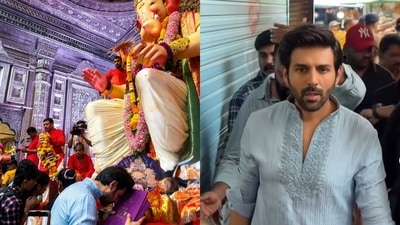Kartik Aaryan seeks blessings at Lalbaugcha Raja after National Award win. Kartik Aaryan seeks blessings at Lalbaugcha Raja after National Award win.