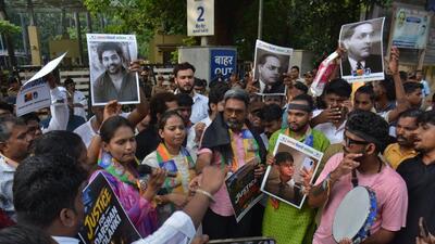 On Wednesday, activists from Vanchit Bahujan Aghadi staged a protest outside IIT Bombay, demanding justice for the deceased BTech student. (Praful Gangurde/ HT Photo) On Wednesday, activists from Vanchit Bahujan Aghadi staged a protest outside IIT Bombay, demanding justice for the deceased BTech student. (Praful Gangurde/ HT Photo)