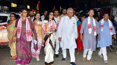 Former Chhattisgarh chief minister and Congress leader Bhupesh Baghel, APCC president Gaurav Gogoi, party MP Rakibul Hussain and party candidate Sibamoni Bora. (PTI) Former Chhattisgarh chief minister and Congress leader Bhupesh Baghel, APCC president Gaurav Gogoi, party MP Rakibul Hussain and party candidate Sibamoni Bora. (PTI)