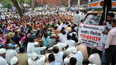 Pune, India - Feb. 14, 2018:People protest at Collector office for appose New Airport at Purandar, in Pune, India, on Wednesday, February 14, 2018.