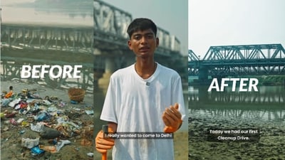 The group removed around 585 kg of waste from the Yamuna riverbank. (Instagram/@bittu_tabahi) The group removed around 585 kg of waste from the Yamuna riverbank. (Instagram/@bittu_tabahi)