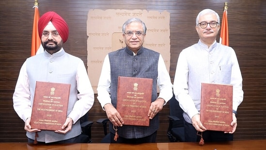 Chief Election Commissioner Gyanesh Kumar with Election Commissioners SS Sandhu and Vivek Joshi.
