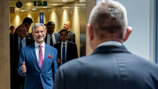 External Affairs Minister S. Jaishankar and EU International Partnerships Commissioner Jozef Síkela exchange greetings ahead of their meeting on trilateral partnerships, IMEC and green shipping between India and Belgium, in Brussels. (@DrSJaishankar X/ANI Photo)