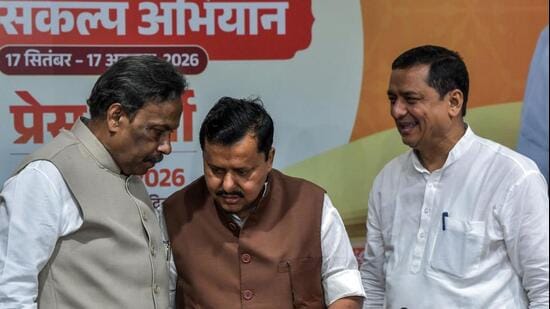 BJP president Nitin Nabin with party national general Secretary Vinod Tawde and Anil Baluni (ANI/File)