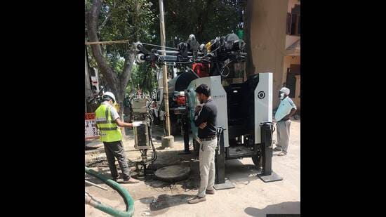 DM Medha Roopam’s visit followed residents’ particular concern about work on sewer lines and electrical infrastructure at some locations. (HT Photo)