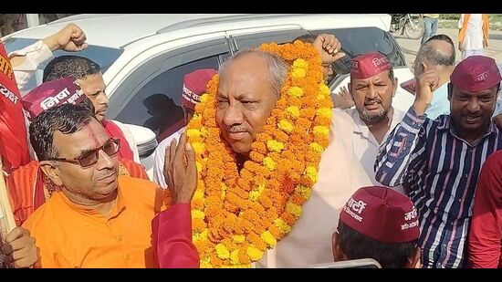 Nishad party chief Sanjay Nishad at Shringverpur in Prayagraj on Wednesday (HT Photo)
