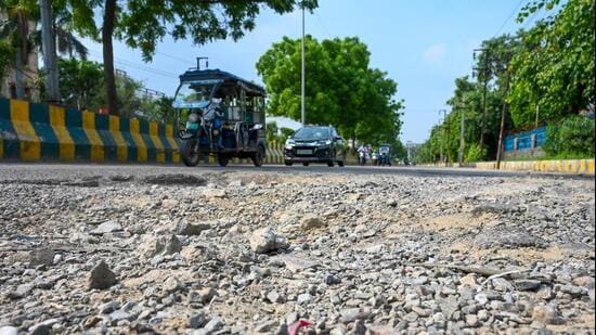 Noida, India-August 09, 2026:Due to continuous rain for the last few days, many area roads of Noida have been damaged, in Noida, India, on Sunday, August 09, 2026. (Photo by Sunil Ghosh / Hindustan Times) (HT Archive)