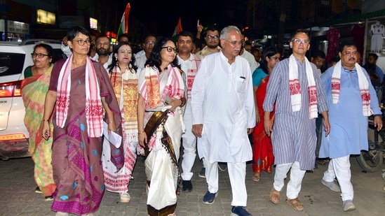 Former Chhattisgarh chief minister and Congress leader Bhupesh Baghel, APCC president Gaurav Gogoi, party MP Rakibul Hussain and party candidate Sibamoni Bora.