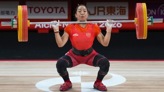 India's Mirabai Chanu competes in the women's 49kg Group A weightlifting final in Nagoya on Wednesday.