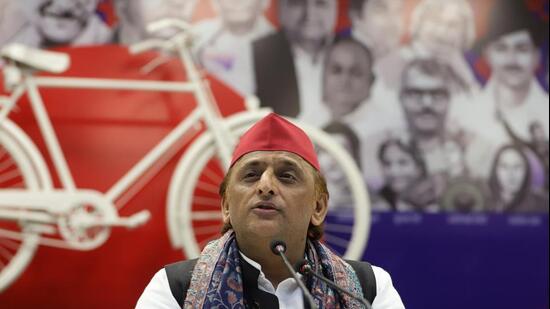 Samajwadi Party national president Akhilesh Yadav at a press conference at the party office in Lucknow on Wednesday. (Deepak Gupta/HT Photo)
