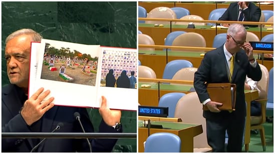 During his speech, Iranian President Masoud Pezeshkian (L) said that they are not terrorists but have been victims of terrorism.