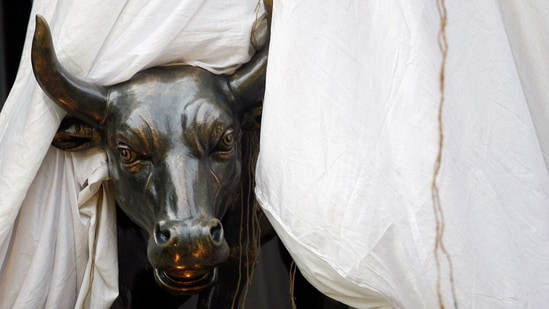 File photo: A bronze replica of a bull is seen at the gates of the Bombay Stock Exchange (BSE) building in Mumbai