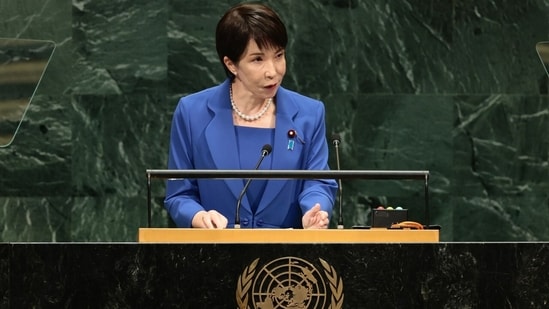 Japanese Prime Minister Sanae Takaichi addressing the U.N. General Assembly on Tuesday.