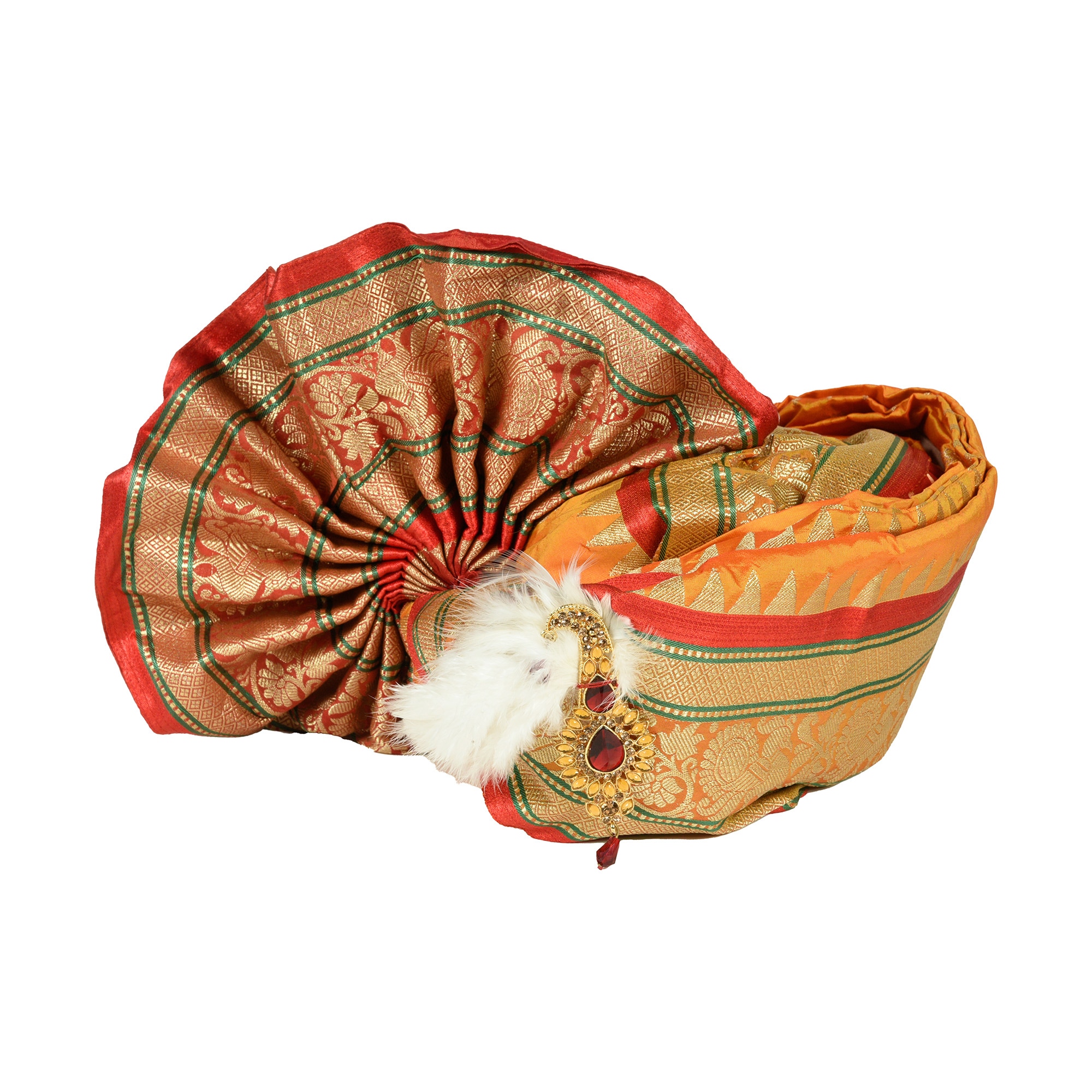 Decorated Rajasthani turban with stone and feather brooch; Starting price: ₹3,000. Decorated Rajasthani turban with stone and feather brooch; Starting price: ₹3,000.
