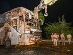 An air-conditioned (AC) sleeper bus packed with passengers caught fire about a kilometer before the Jewar Greater Noida toll plaza, and more than nine people lost their lives, in Greater Noida, India, on Thursday, September 24. 